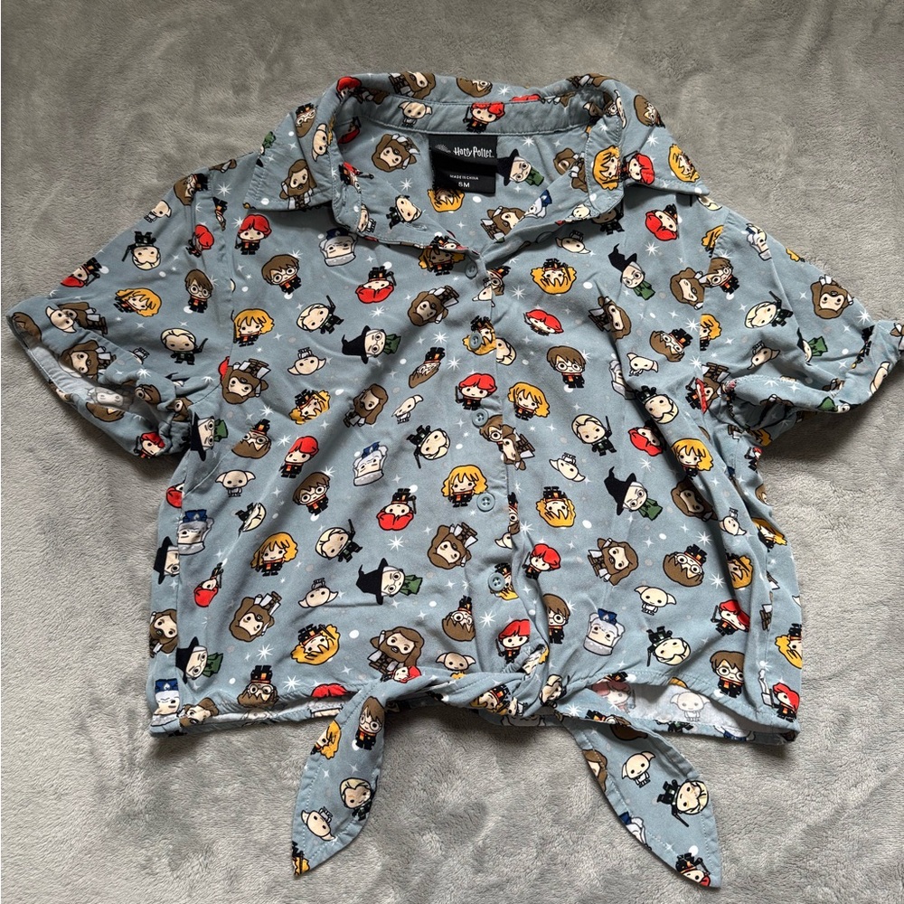 Blue/Grey Harry Potter collared crop top with tie front